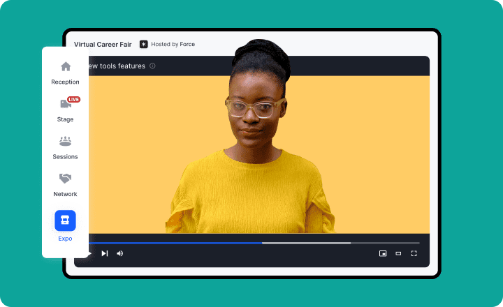Screen with female speaker wearing glasses and yellow blouse live during Virtual Career Fair
