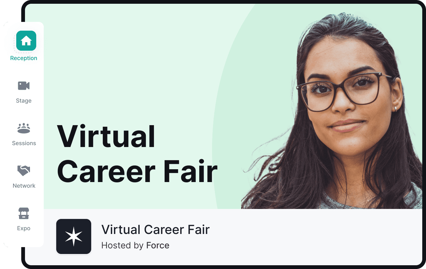 Event cover for Virtual Career Fair with woman smiling wearing glasses, Hopin's event navigation sidebar on left