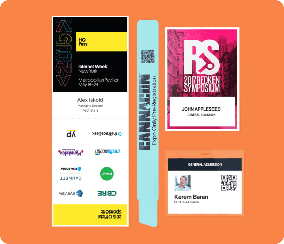 Collage of onsite event badges from different events and brands such as an event poster, wristband, and name tag